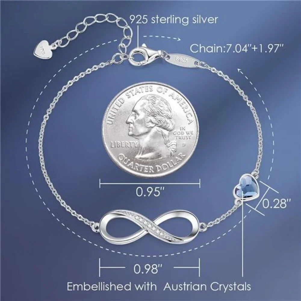 Sterling Silver Infinity Heart Bracelet Women Adjustable Crystal Charm Jewelry
